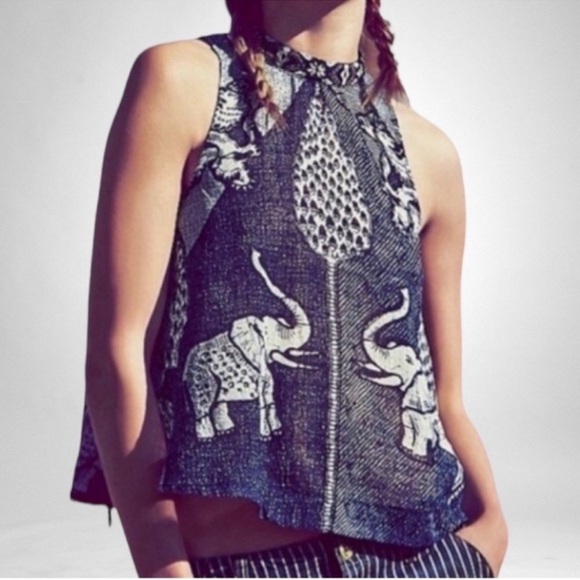 Free People Tops - Free People Boho Festival Beachy Baby Ride Easy Elephant Tank SZ S Blue/White